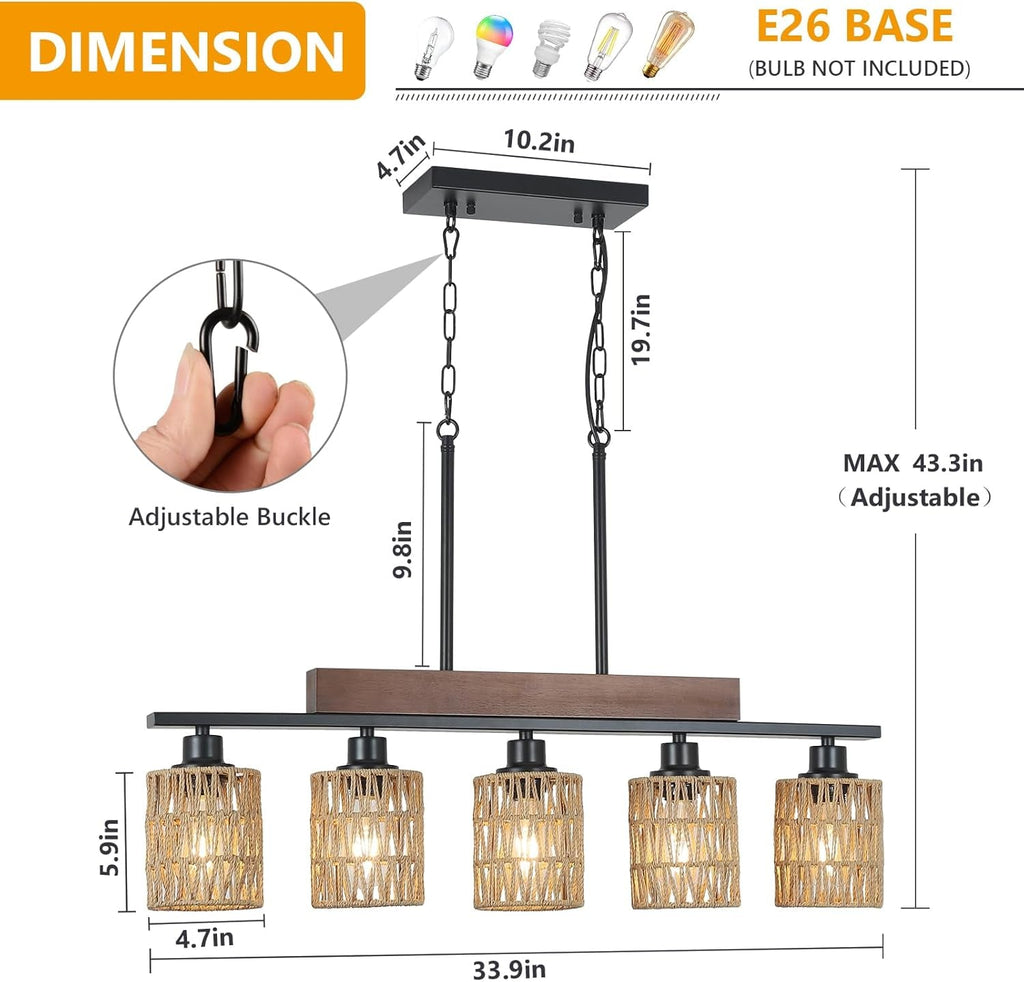 Rattan Farmhouse 5 Light Linear Chandelier Black Lighting-2