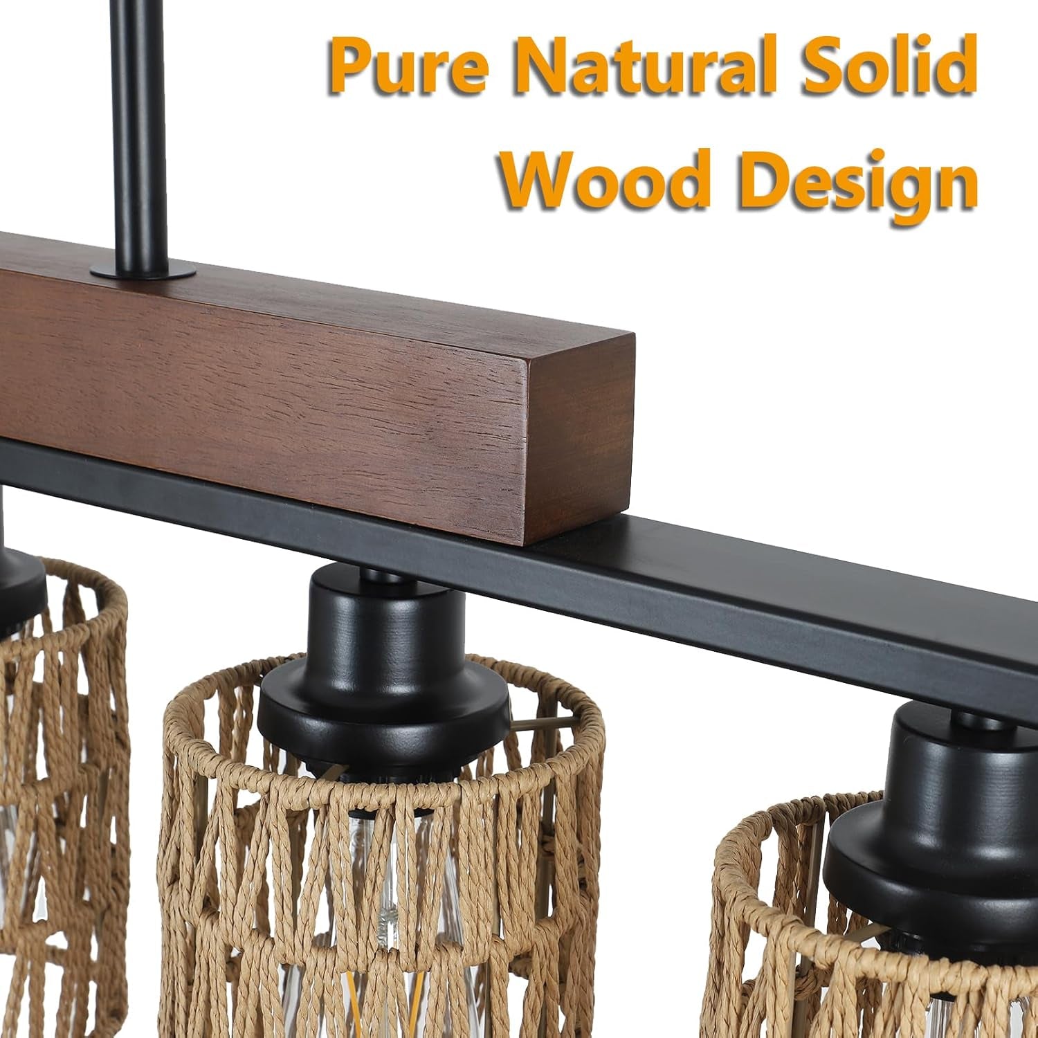 Rattan Farmhouse 5 Light Linear Chandelier Black Lighting-4