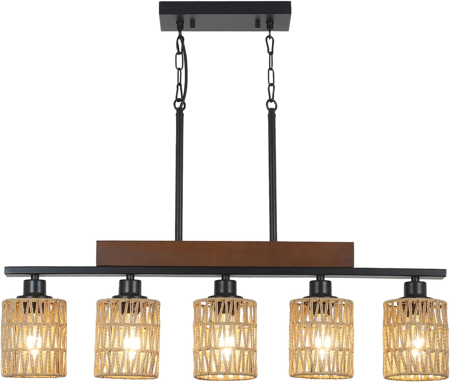 Rattan Farmhouse 5 Light Linear Chandelier Black Lighting-1