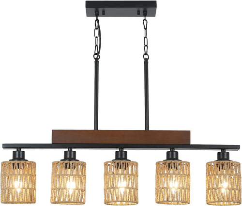 Rattan Farmhouse 5 Light Linear Chandelier Black Lighting-1