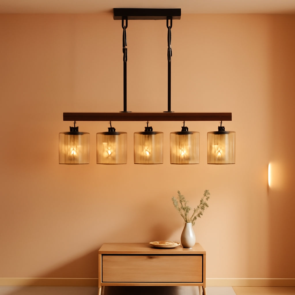 Rattan Farmhouse 5 Light Linear Chandelier Black Lighting-0